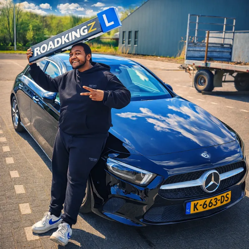 autorijbewijs gehaald bij Rijschool Roadkingz in Amsterdam Zuidoost Autorijles in Amsterdam Zuidoost met leerling van Rijschool Roadkingz naast lesauto na rijles